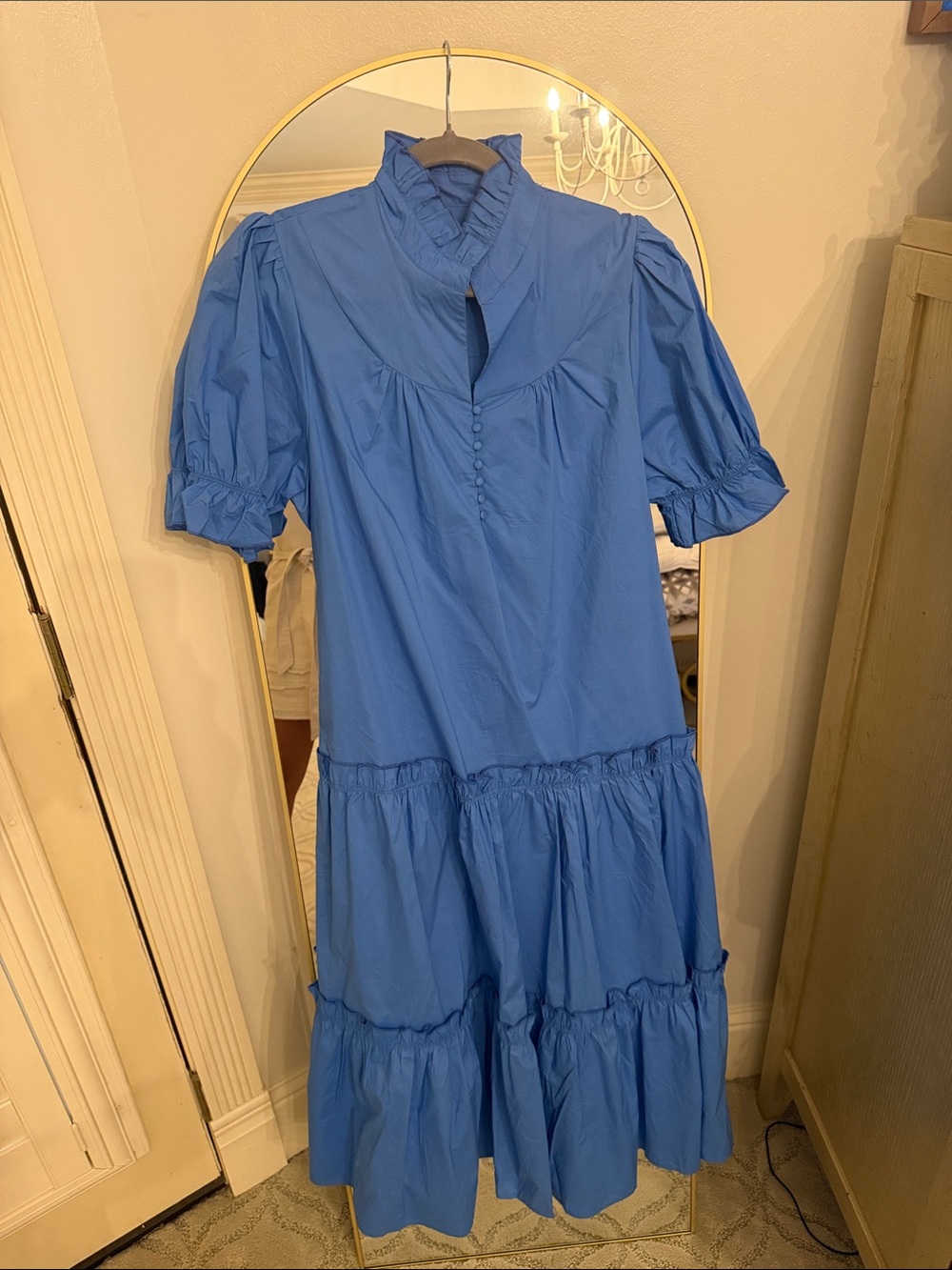 Adeline Blue Ruffled Tiered Midi Dress - Women size small